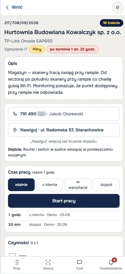Karta zgłoszenia ANANAS24 na telefonie technika – przykładowe dane